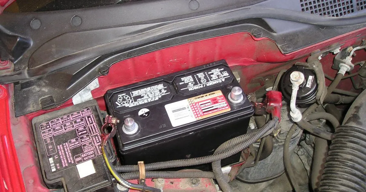 A close-up of a vehicle battery with red and black terminals A close-up of a vehicle battery with red and black terminals