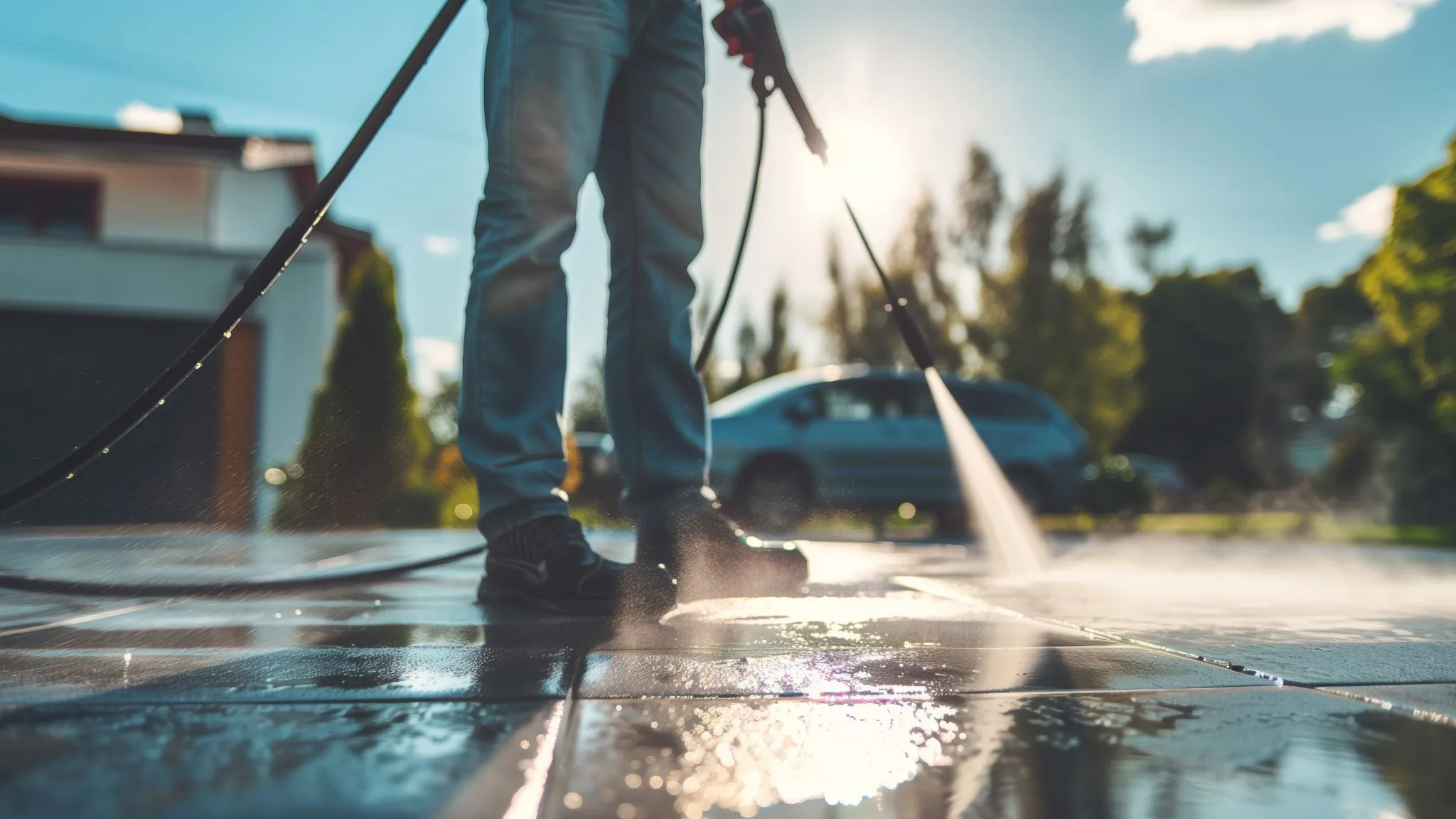 A man wearing long shows clean his driveway with pressure water