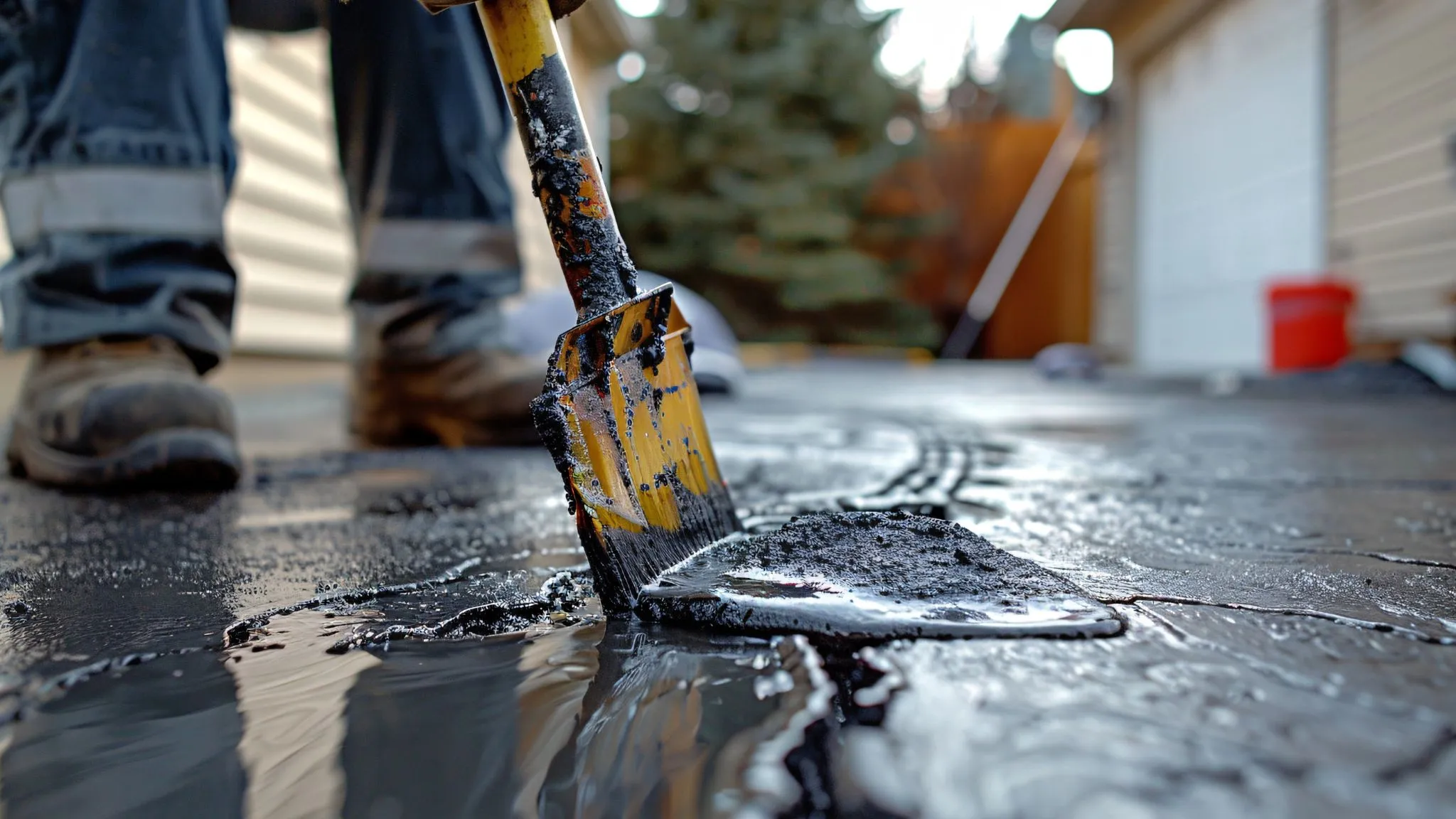 A man cleans a driveway with a shovel