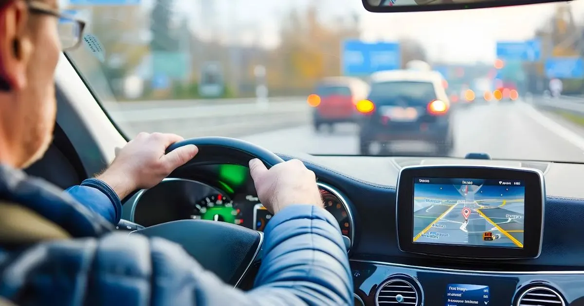 A man navigating the road while using a GPS device located on the dashboard of his vehicle