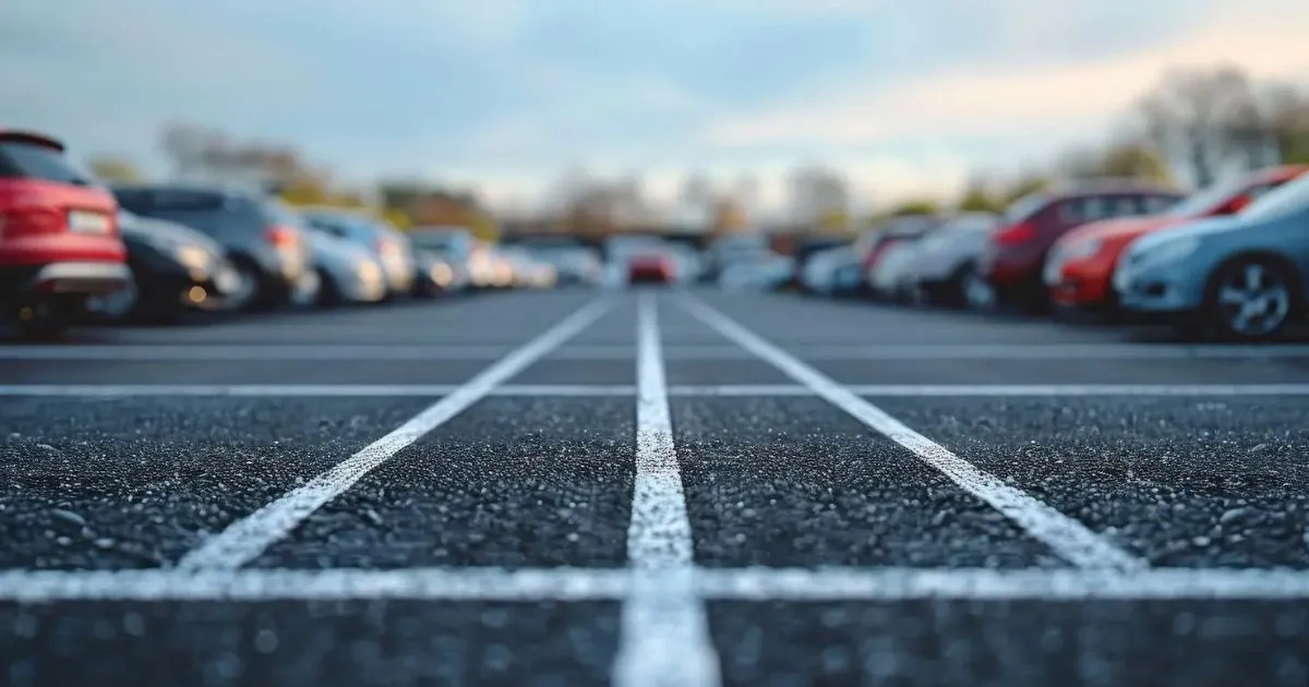 A parking lot filled with various cars parked in designated spaces under clear blue skies