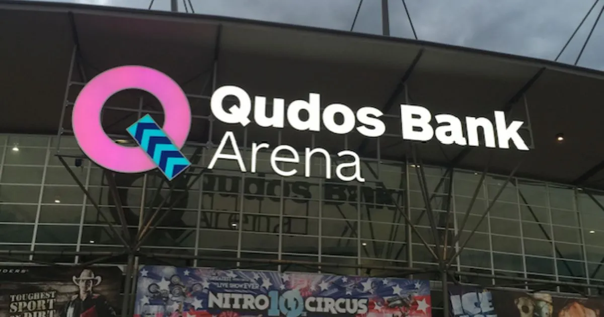 Exterior view of Qudos Bank Arena with large signage Exterior view of Qudos Bank Arena with large signage