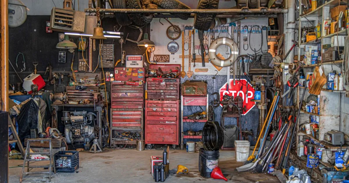A Garage With Numerous Tools And Other Equipment Placed Unorganized