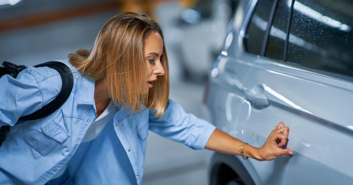A Lady Inspecting Her Damaged Car Due To A Parking Lot Accident