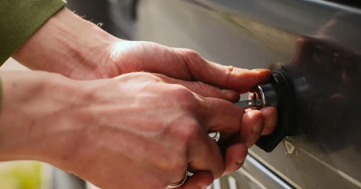 A Man Trying To Unlock The Door Of A Car Parked In A Parking Lot