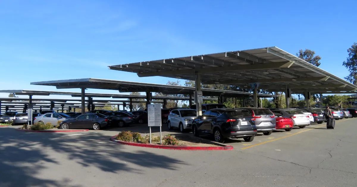 A Modern Parking Space With Solar Panel Installed For Powering The Parked Vehicles And Providing Shade To Them