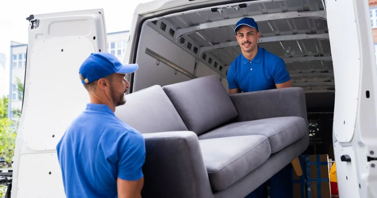 A Moving Day Company Employees Loading A Sofa Inside Their Truck