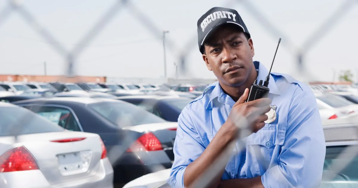 A Parking Security Worker In A Parking Lot With A Walkie Talkie In His Hand