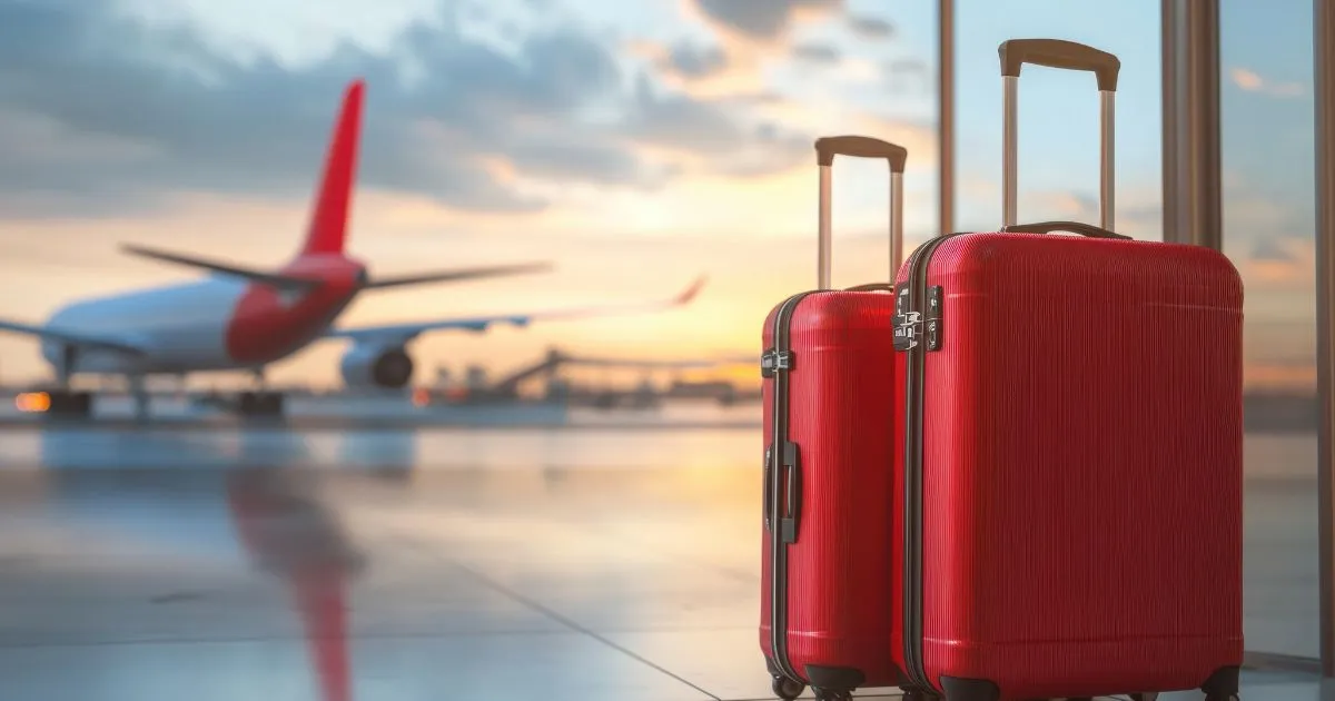 A Plane At Melbourne Airport And Two Red Suitcases