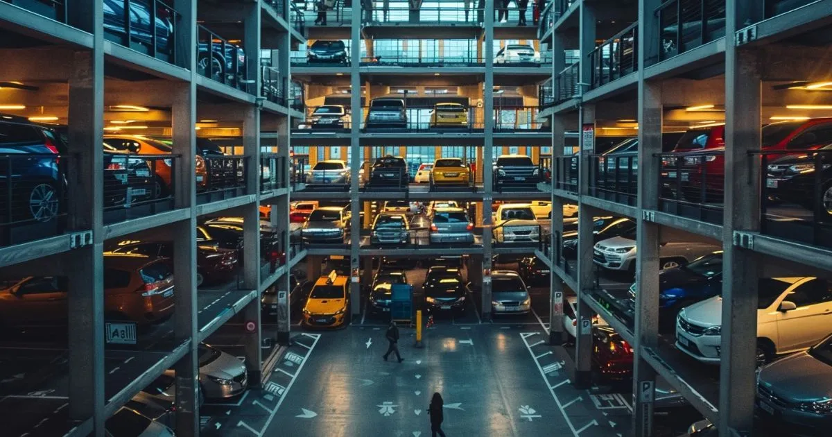 A Smart Parking Facility With Multiple Cars Parked Securely In A Smaller Area