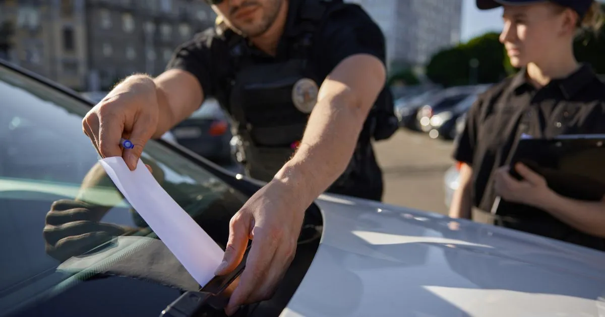 A Traffic Police Officer Issuing Parking Fine To A Vehicle A Traffic Police Officer Issuing Parking Fine To A Vehicle