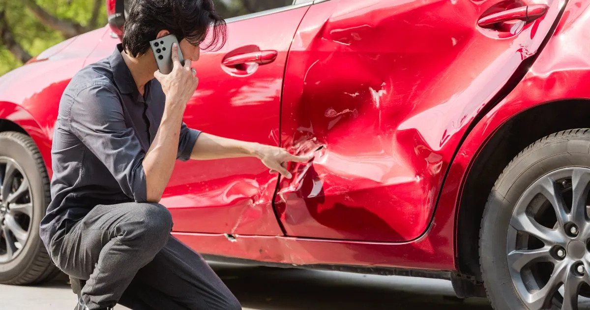 A Worried Man Besides His Car Damaged In The Parking Lot