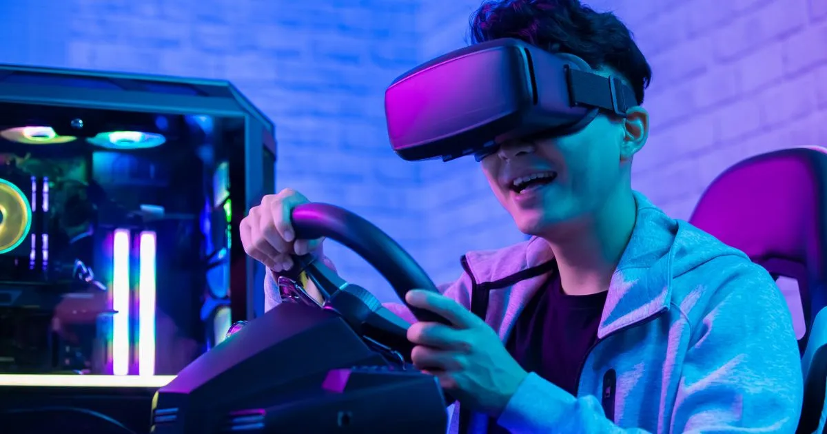 A Young Man Playing A Car Parking Game Using Latest Gaming Equipment A Young Man Playing A Car Parking Game Using Latest Gaming Equipment