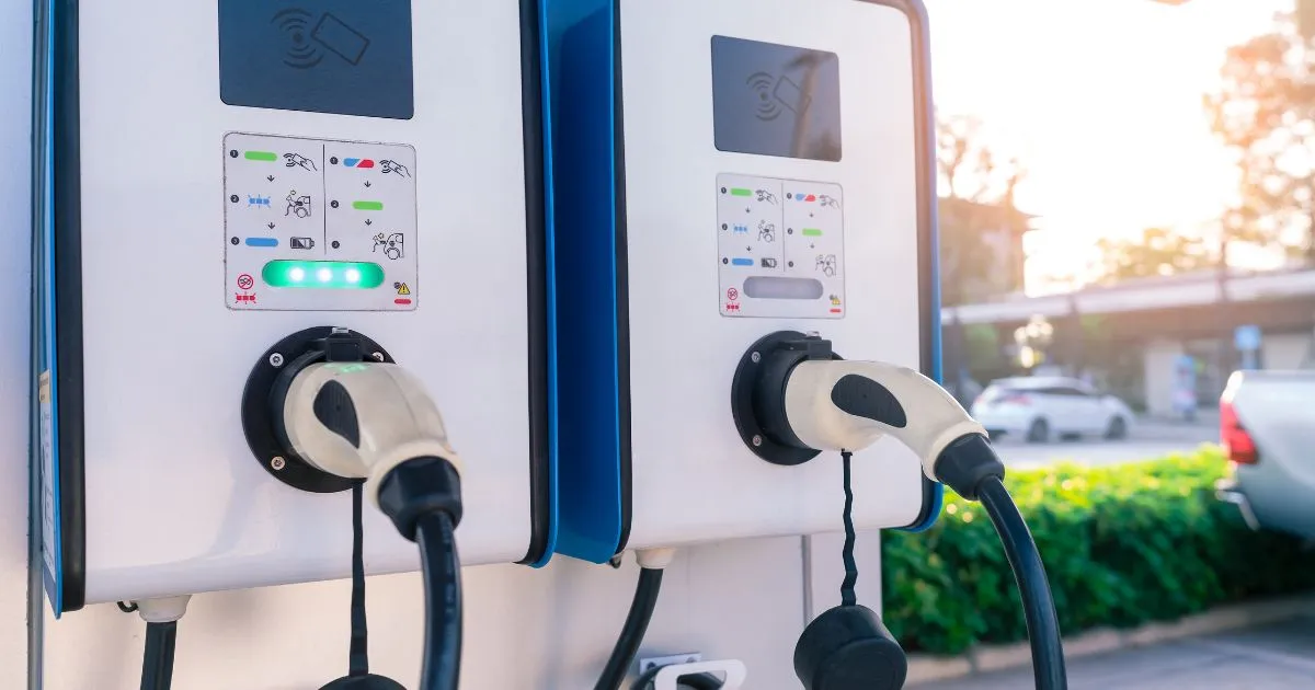 An Ev Charging Point In A Parking Lot Having Ev Parking Spaces