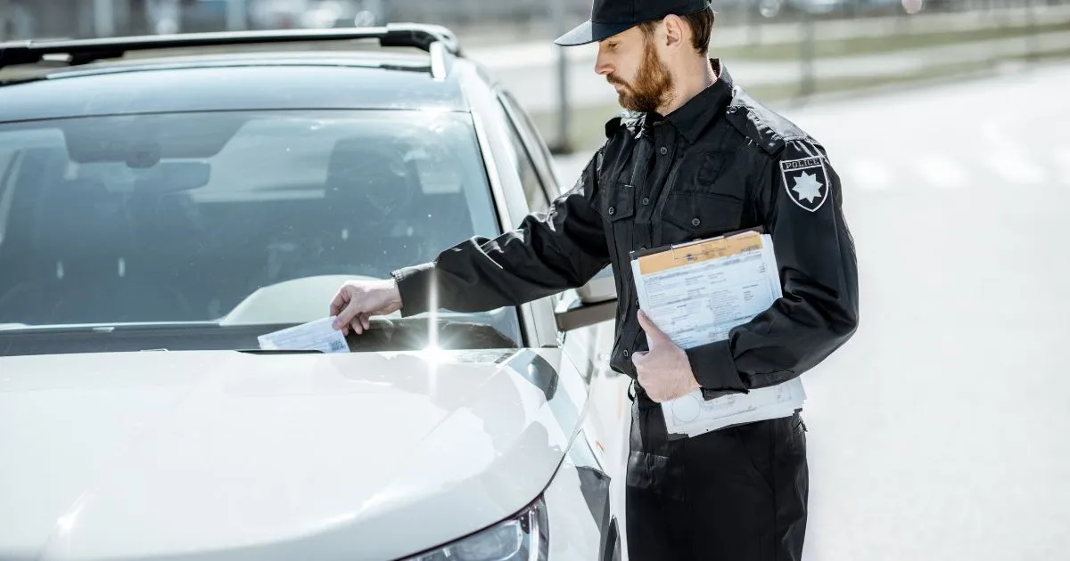 An Officer Issuing A Parking Fine To A Parked Vehicle