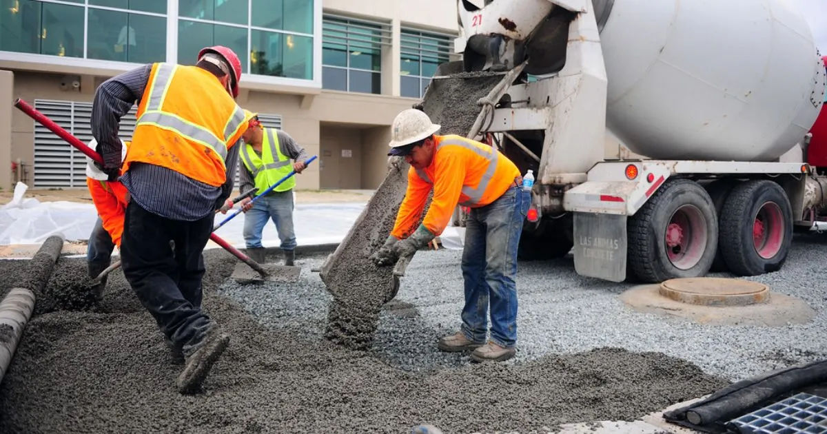 Construction Workers Are Working On Pouring Permeable Pavement In A Parking Lot
