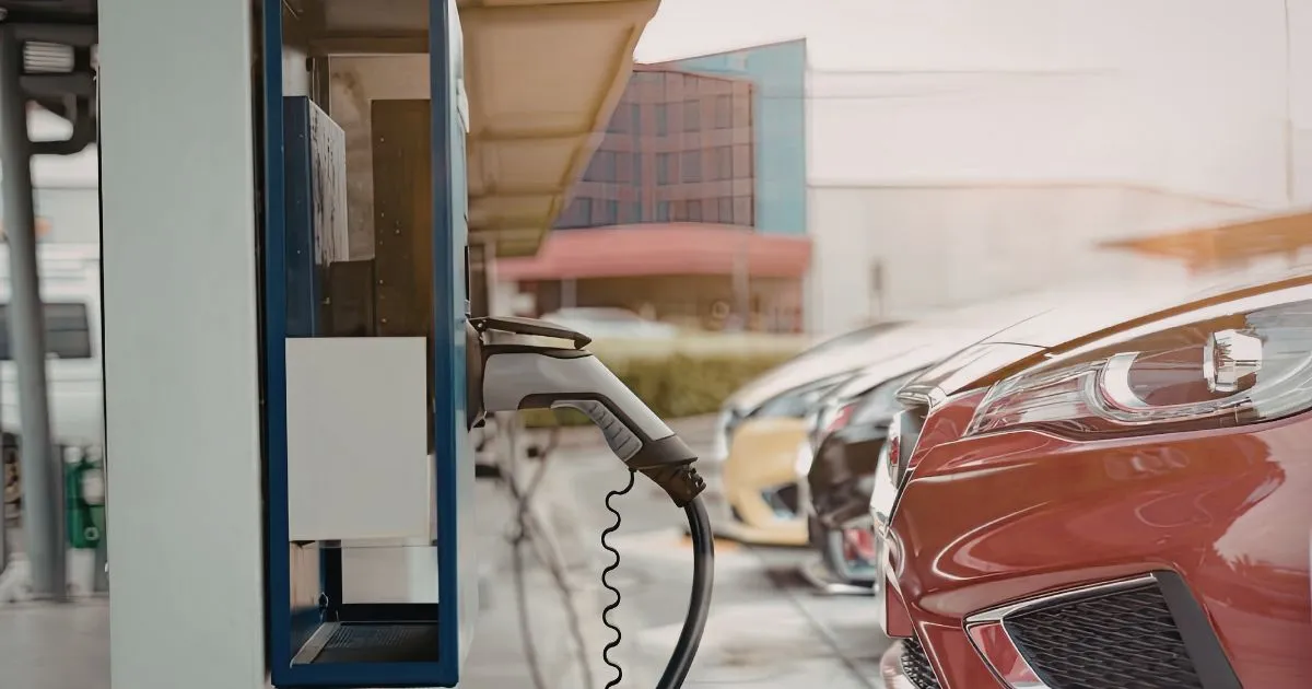 Electric Vehicle Getting Charged While Being Parked In A Secure Parking Lot Electric Vehicle Getting Charged While Being Parked In A Secure Parking Lot